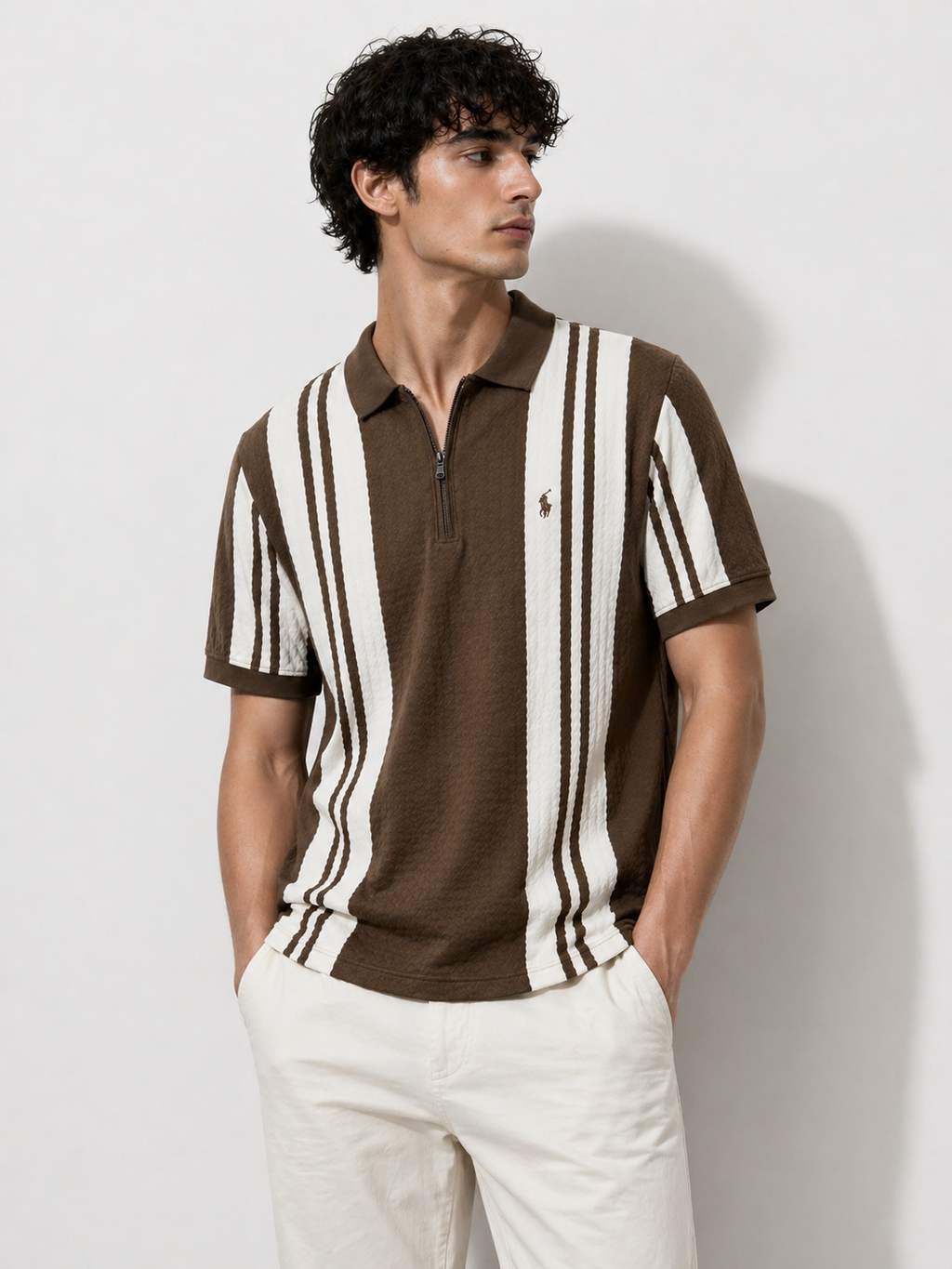 Brown Striped Zip-Neck Polo Shirt