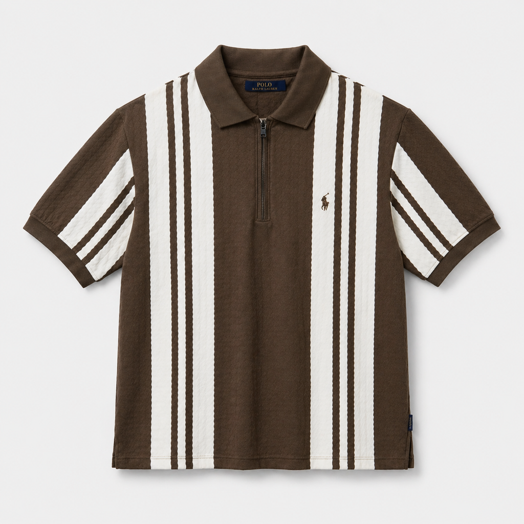 Brown Striped Zip-Neck Polo Shirt