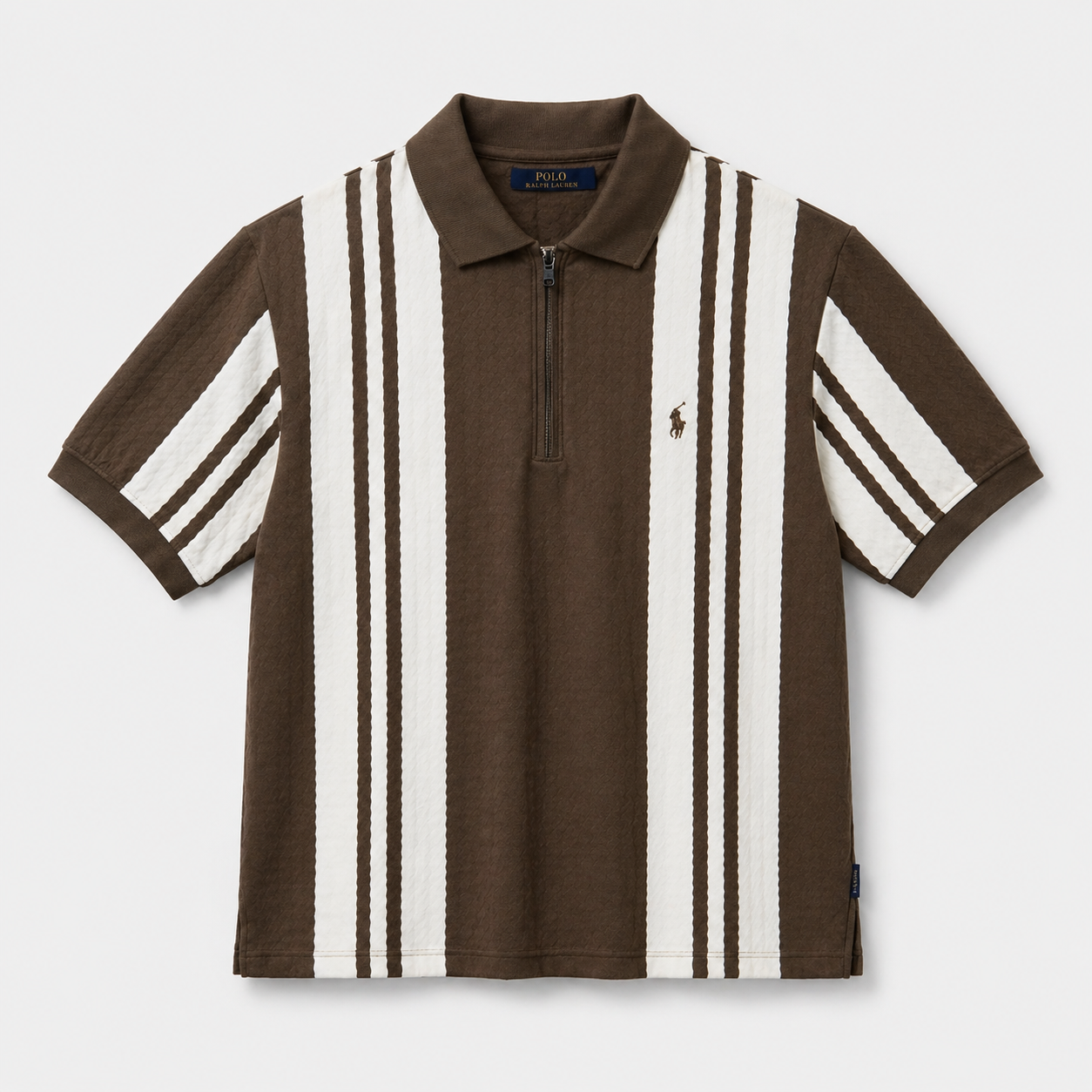 Brown Striped Zip-Neck Polo Shirt